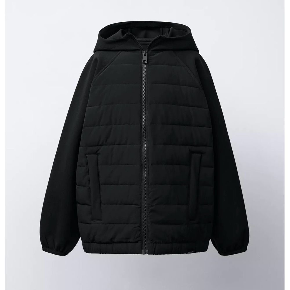 Zara Neoprene Black Hooded Puffer Jacket NWT Size 7-8 years old